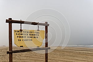 Sign for Namib Naukluff park on a 4WD desert safari on the Skeleton Coast of Namibia, south west Africa