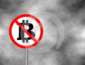 Sign No Bitcoin isolated on grey sky background. Prohibition cartoon sign. Not Allowed Sign. Vector illustration.