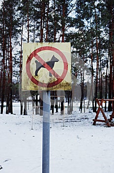 Sign: No dog walking. Winter. Snowy weather. Film grain photo.