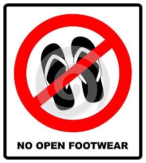 Sign no sandals. No slipper red prohibition plane icon on white background. Ban flip flops. Stock illustration