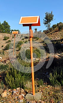 Sign of the oil pipeline leading the oil to the Puertollano refinery, Ciudad Real province, Spain