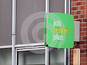 a sign outside a job centre plus in leeds england run by the UK Department for Work and Pensions for its working-age support