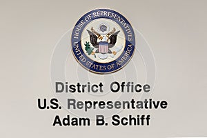 The sign outside of Representative Adam Schiff`s District office