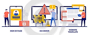 Sign in page, 404 error, website template concept with tiny people. Web page interface abstract vector illustration set. User