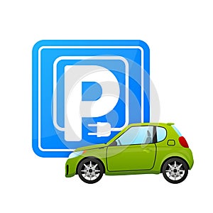 Sign parking with plug icon. Green electric vehicle parking sign, Electric car charging point, Parking space for Eco