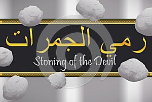 Sign, Pebbles and Pillars Promoting Stoning of the Devil Ritual, Vector Illustration