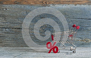 sign percent and shopping cart on wood background