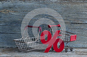 sign percent and shopping cart on wood background