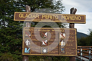 Sign at Perito Moreno Glacier in the Los Glaciares National Park in southwest Santa Cruz Province, Argentina