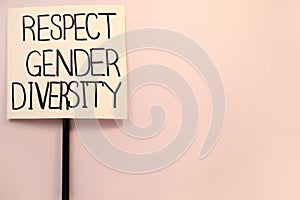 Sign with phrase Respect Gender Diversity on pink background, top view. Space for text