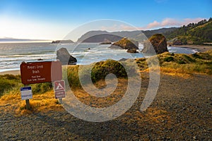 Sign at Pistol River State Scenic Viewpoint of Meyers Creek Beach, Oregon coast