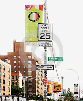 Sign Post at the intersection of Houston and Lafayette Streets, Downtown Manhattan in New York City.