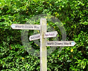 A sign post for the north downs way in guildford surrey against a blurred green bokeh background