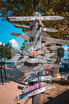 Sign post pointing to different cities