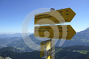 Sign post of Watzmann mountain, Bavaria, Germany