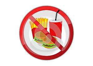 Sign prohibiting eating food. Fast food danger label