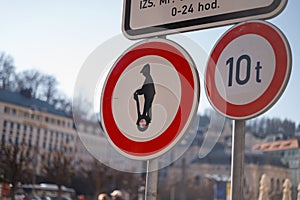 sign prohibiting movement on hoverboards, Segways, in Karlovy Vary, Czech Republic