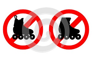 Sign prohibits entry and roller skating. Silhouette on a crossed round background. Warning illustration photo