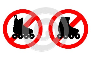 Sign prohibits entry and roller skating. Silhouette on a crossed round background. Warning. Vector illustration photo