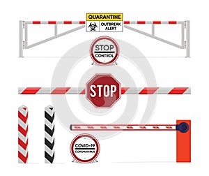Sign of quarantine. Closed the barrier. The prevention of the epidemic quarantine. Coronavirus disease. COVID-2019 alert sign.