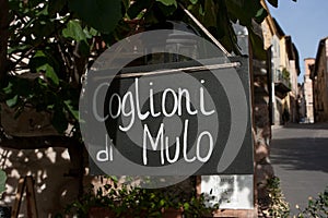 Sign reading Coglioni di Mulo (Mule's balls), a typical salami photo