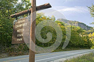 Sign reads Entering Crawford Notch State Park, New Hampshire