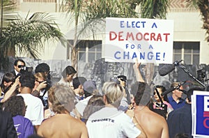 A sign that reads Ã¯Â¿Â½Elect a Democrat for a changeÃ¯Â¿Â½