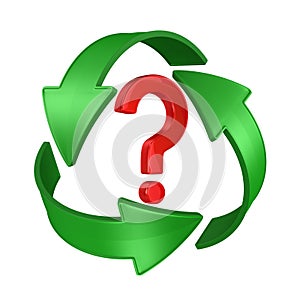 Sign recycled and question on white background. Isolated 3D illustration