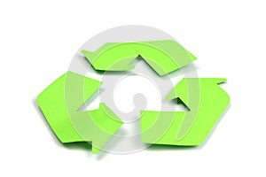 sign of recycling made of green paper is isolated on white, the concept of protection, preservation of the environment