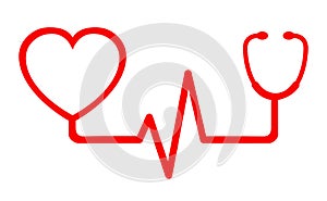 Sign red heart pulse icon, one line, cardiogram