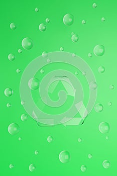 Sign Reduce, Reuse, Recycle on green background with glass balls. 3d render eco illustration.