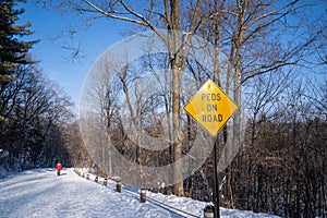 Sign reminding drivers of Peds pedestrians on the road. Unidentifiable hiker, taken in William O`Brien State Park in winter