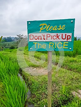 Sign on the rice terraces Jatiluwih, Bali, Indonesia