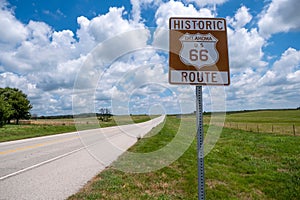 Sign on a road indicating the historic Route 66 in Oklahoma, USA