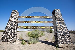 Sign road to Ischigualasto with blue sky, Argentina