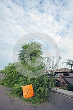 Sign ``Road Work Ahead`` after Monsoon Storm