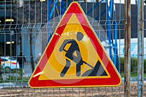 Sign road works close up