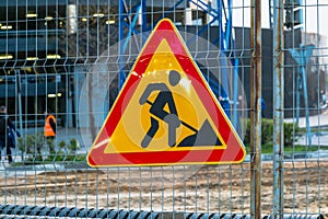 Sign road works close up