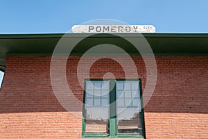 Sign on the roof of the old railroad depot in Pomeroy, Washington, USA photo