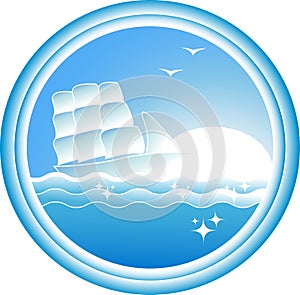 Sign with sailing ship on blue sea