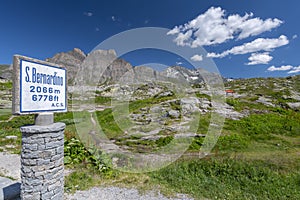 Sign on the San Bernardino pass, Mount San Bernardino, Graubunden, Switzerland.