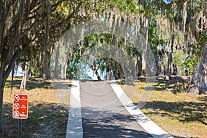 Sign saying No Bicycles, No Skates, No Skate Boarding.at Philippe Park, Safety Harbor, Pinellas County, Florida USA
