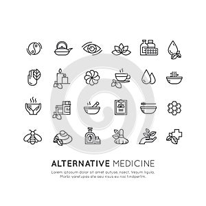 Sign Set of Alternative Medicine. IV Vitamin Therapy, Anti-Aging, Wellness, Ayurveda, Chinese Medicine