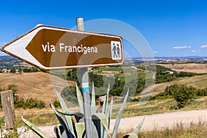 Sign showing the direction of Monteroni d`Arbia, route of the via francigena. Siena province, Tuscany. Italy