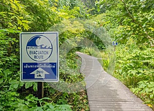 Sign showing tsunami evacuation route in a middle of jungle