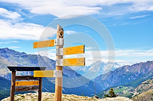 Sign, signpost in Alps in Italy, Gran Paradiso National Park