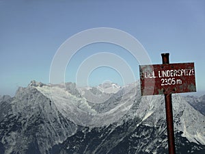 Sign South Linderspitze mountain, Mittenwald via ferrata in Bavarian Alps, Germany