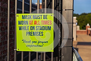 Sign for sporting event saying mask must be worn at all times due to Coronavirus Pandemic