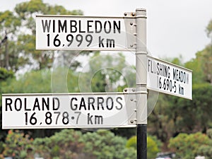 Sign stating distance from sign to Roland Garros, Flushing Meadow and Wimbledon