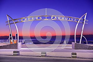 Sign of Surfers Paradise at sunrise time